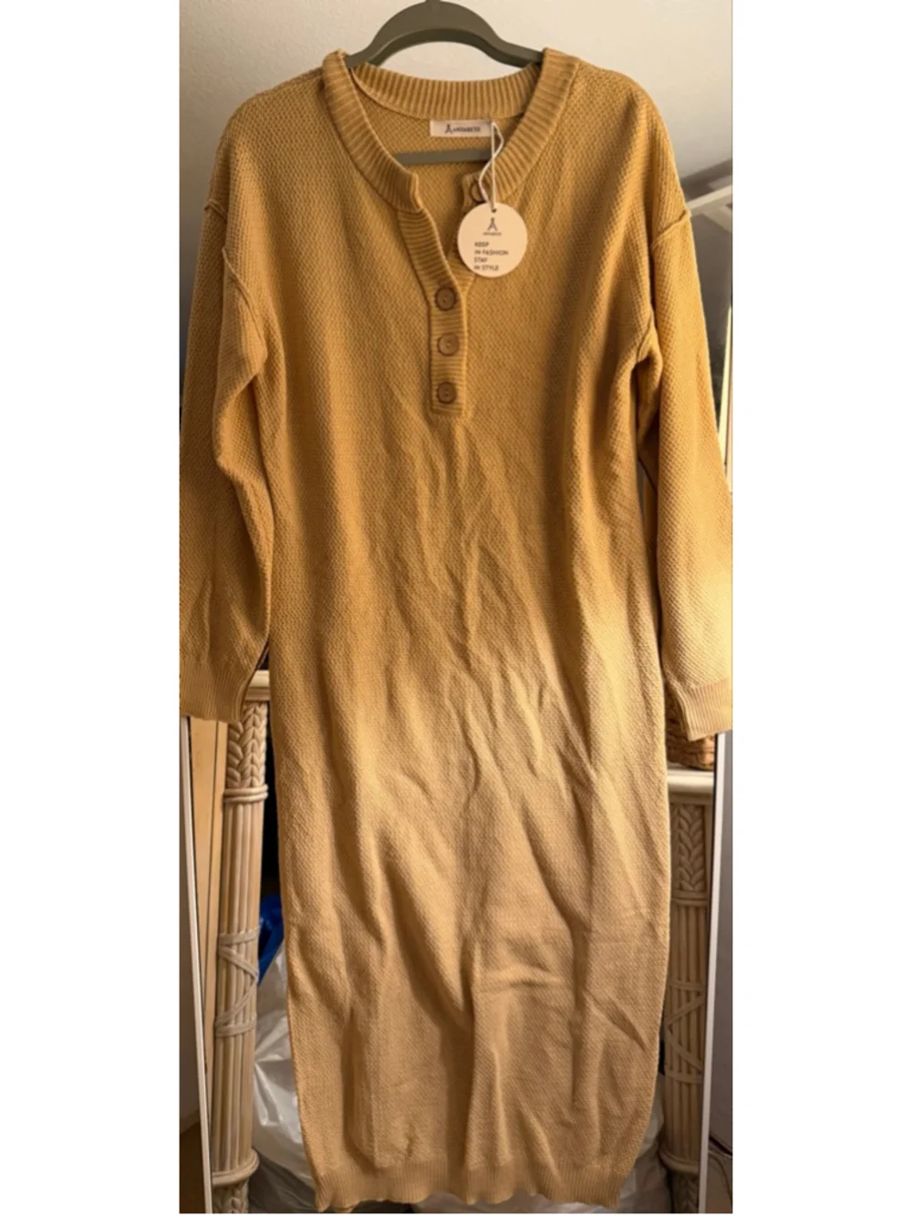 NEW ANRABESS Long Sleeve Button V Neck Oversized Sweater Waffle Midi Dress M - Picture 4 of 6